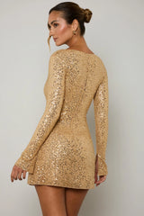 Embellished A-Line Mini Dress in Gold