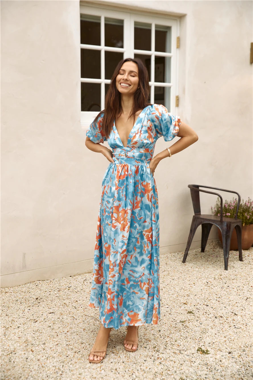 Through Oceans Satin Maxi Dress Blue