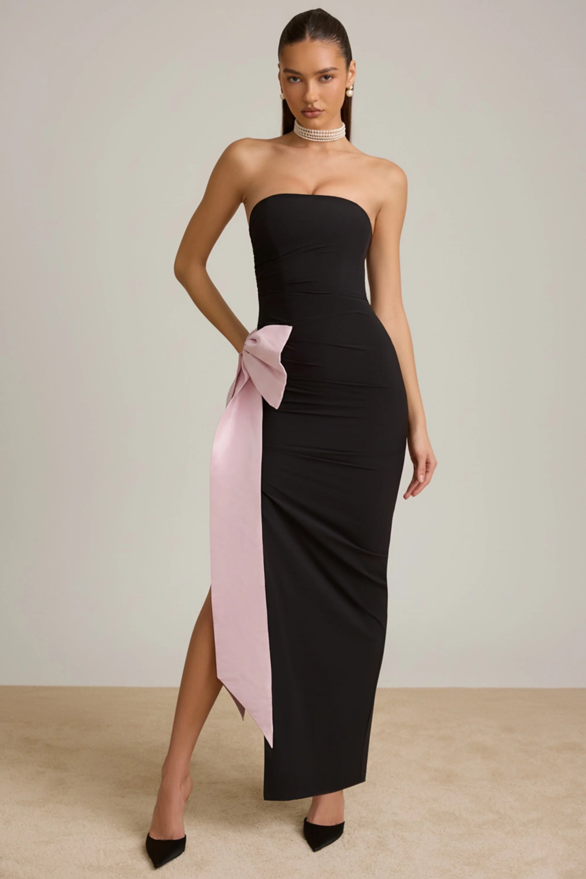 Strapless Bow-Detail Maxi Dress in Black