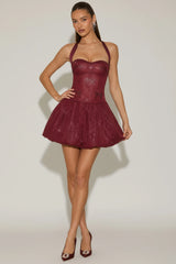 Embellished Halterneck Bubble Hem Mini Dress in Wine Red