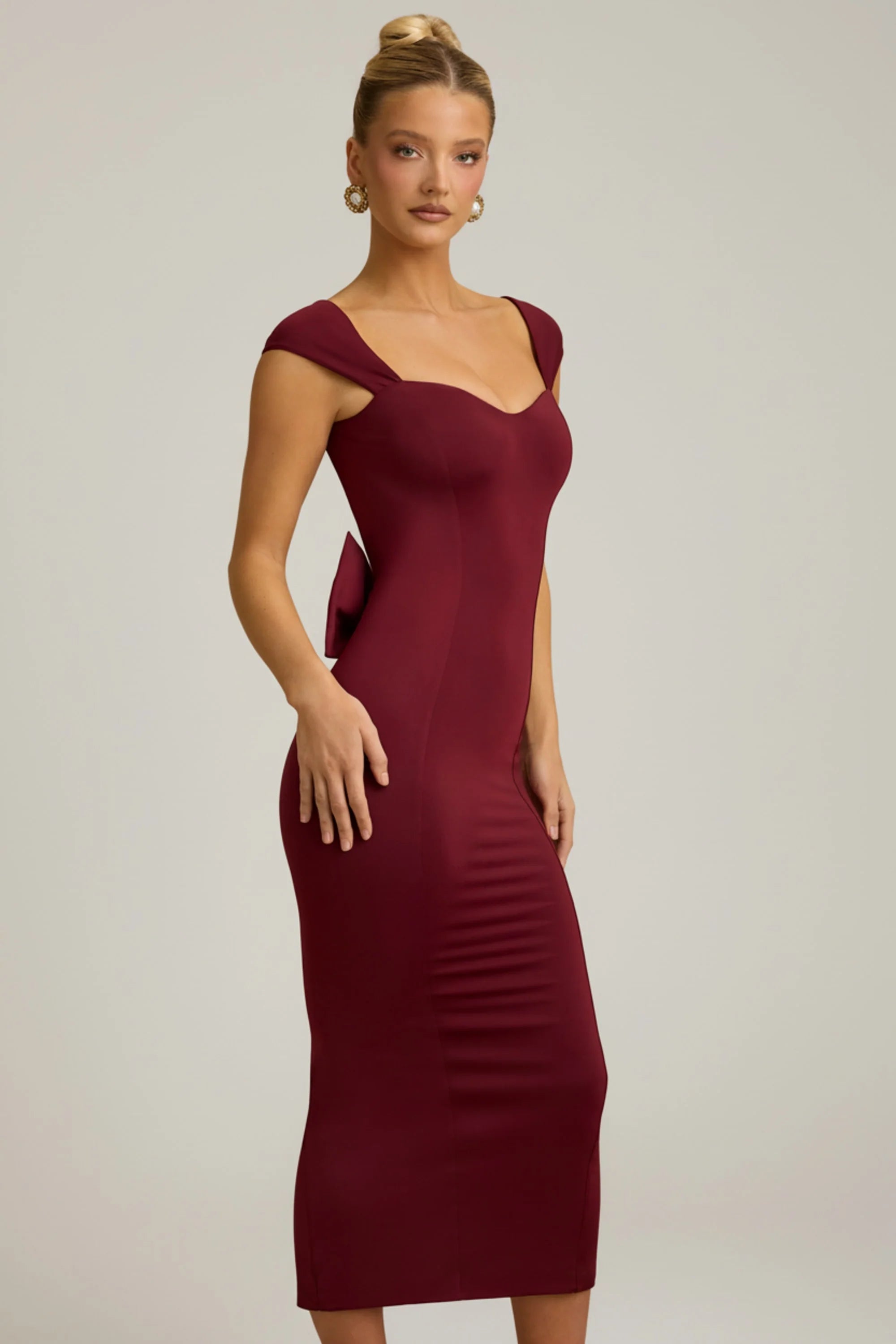 Slinky Jersey Bow-Detail Midaxi Dress in Wine Red
