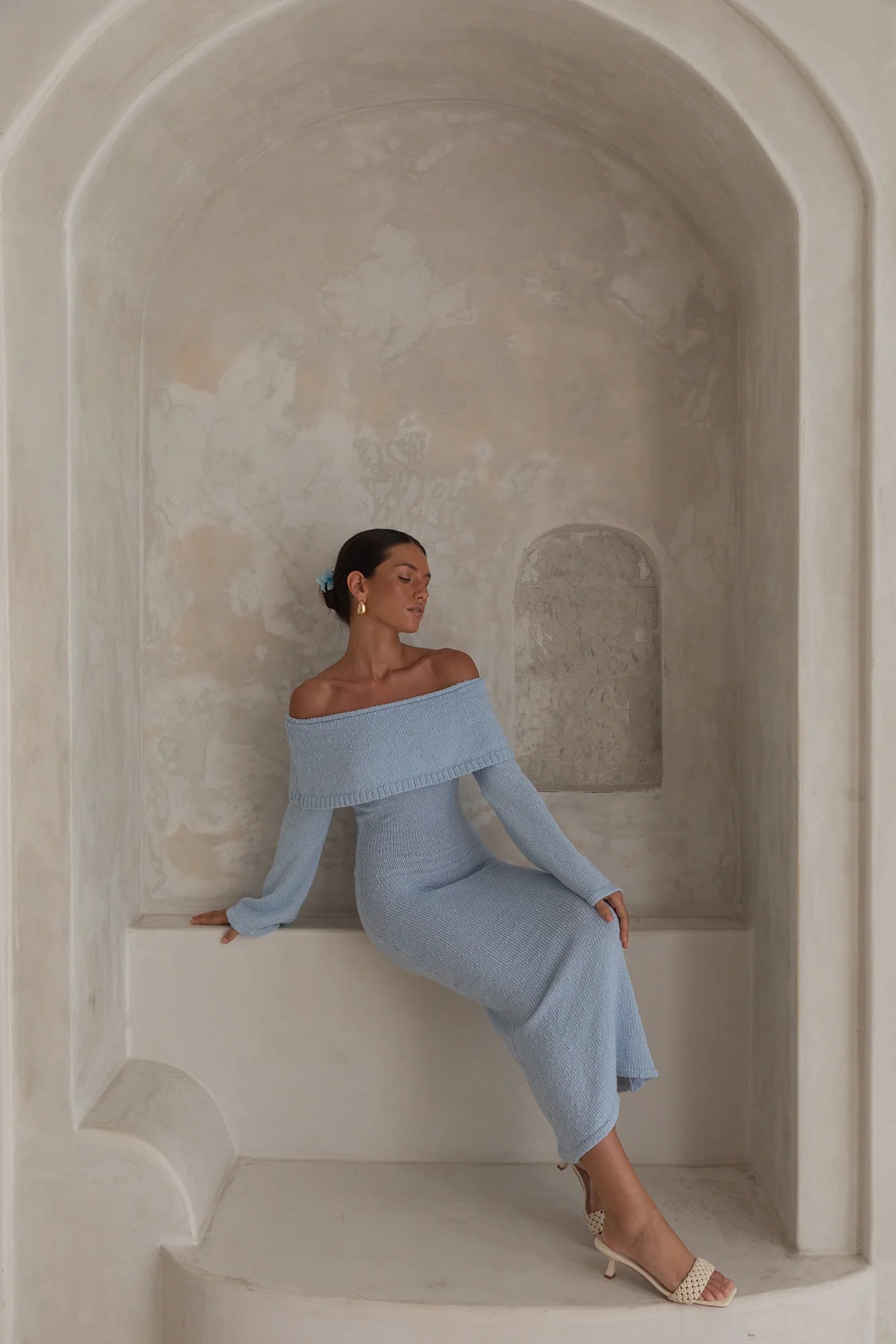 Cabana Crush Off Shoulder Knit Midi Dress Blue