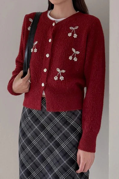 Embroidered 3D Cherry Knit Christmas Cardigan