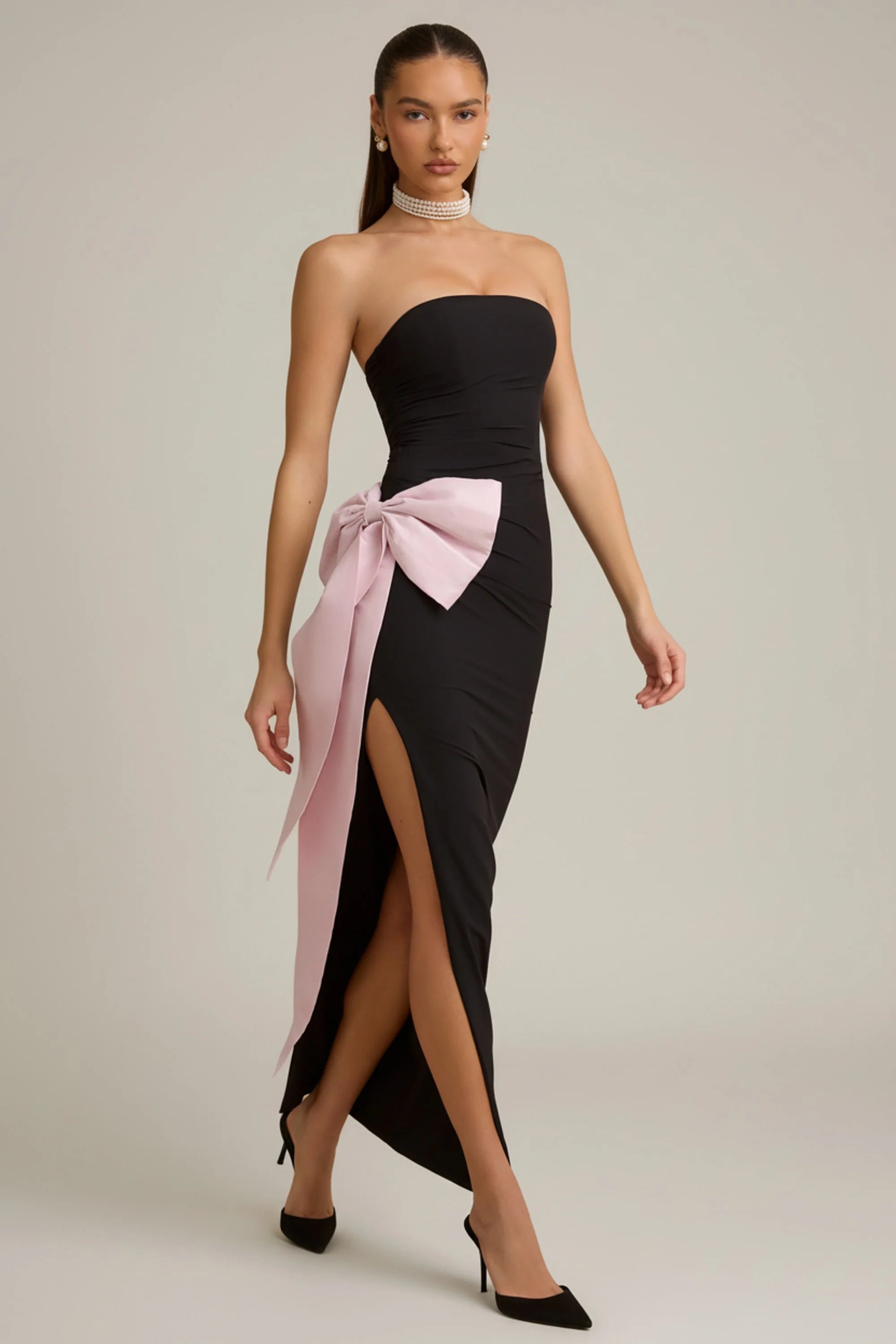 Strapless Bow-Detail Maxi Dress in Black