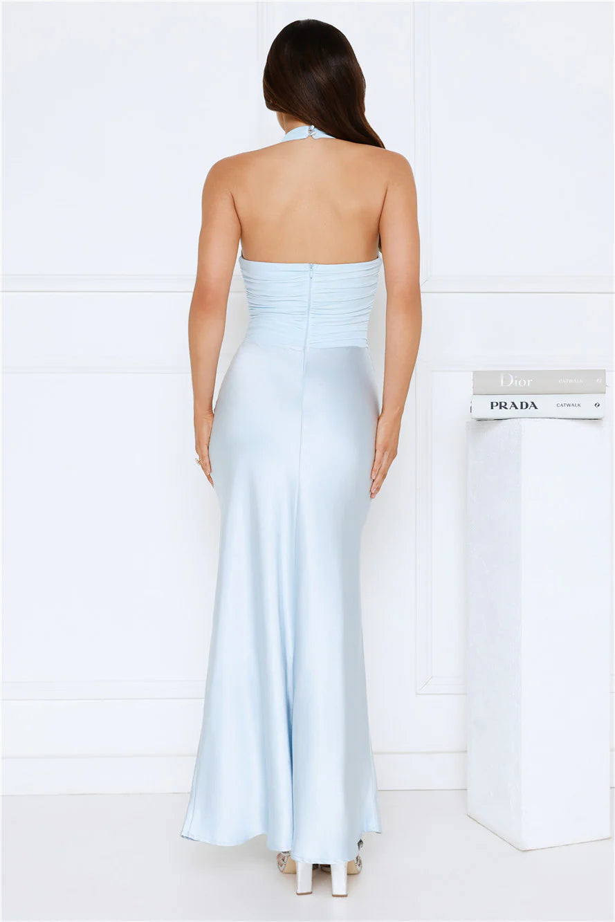 Petal Lane Mesh Satin Halter Maxi Dress Blue