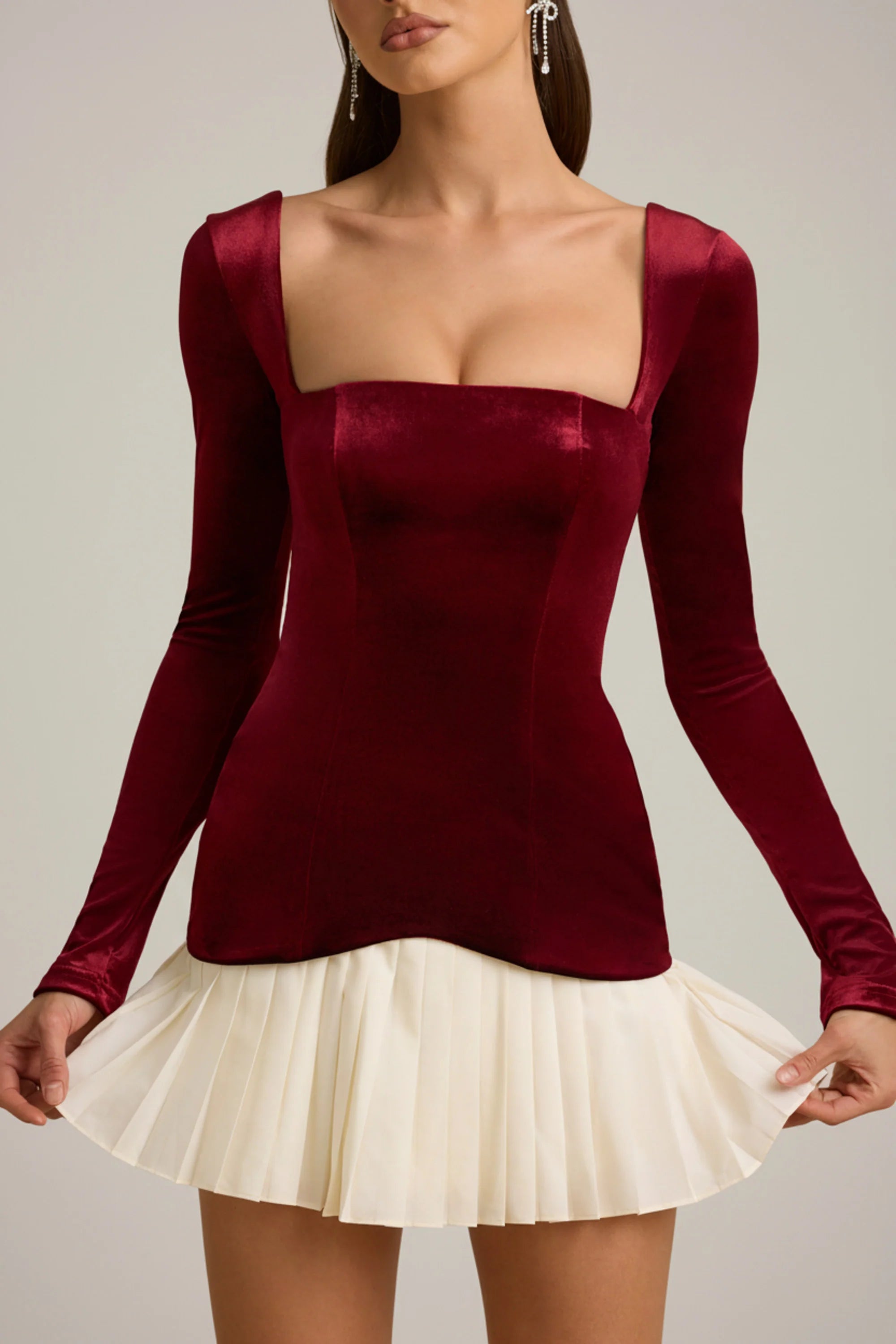 Layered Pleated Corset Mini Dress in Wine Red
