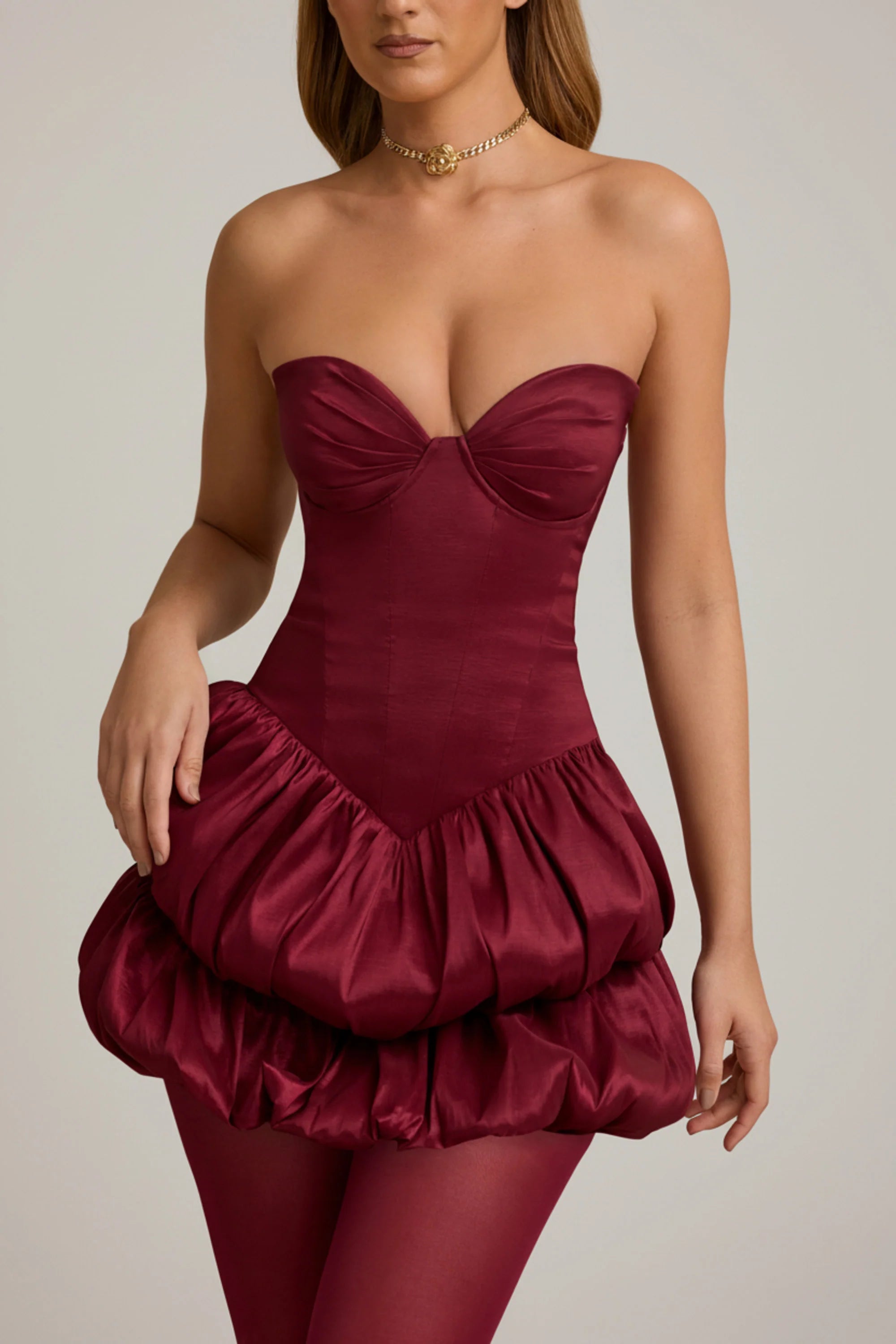 Layered Bubble Hem Corset Mini Dress in Wine Red