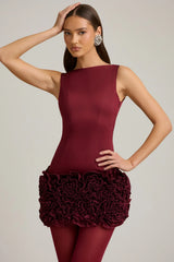 Appliqué Open-Back Mini Dress in Wine Red