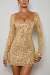 Embellished A-Line Mini Dress in Gold