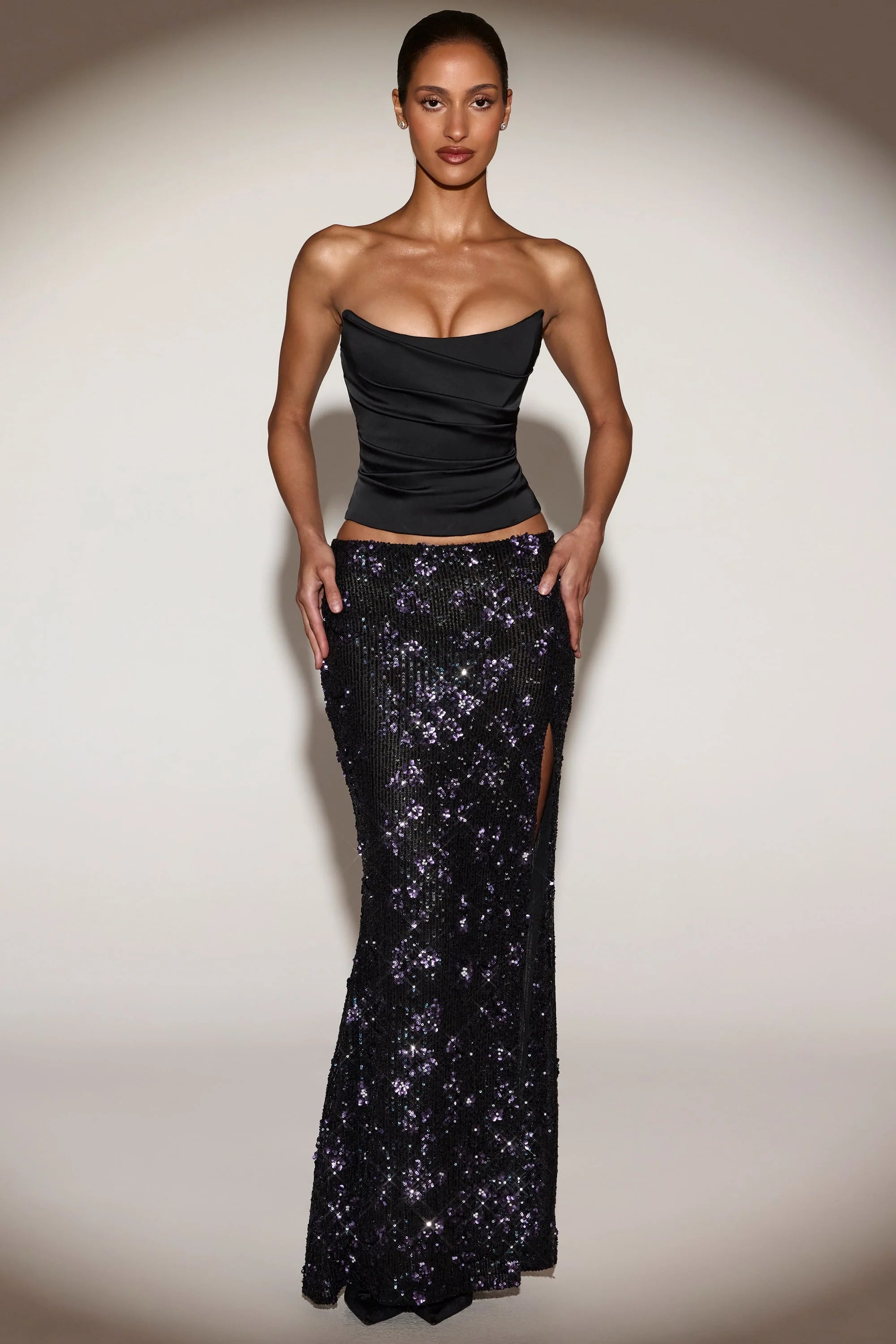 Embellished Mid-Rise Maxi Skirt in Black Purple