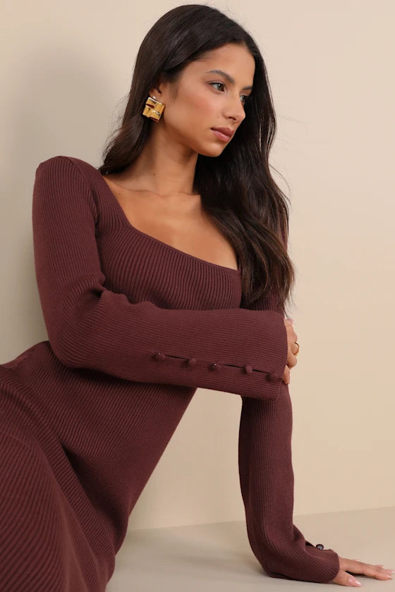 Classy Attitude Brown Ribbed Square Neck Midi Sweater Dress