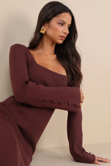 Classy Attitude Brown Ribbed Square Neck Midi Sweater Dress