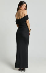 Ruched Off Shoulder Mesh Dress in Black