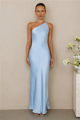 The Evangeline One Shoulder Satin Maxi Dress Blue