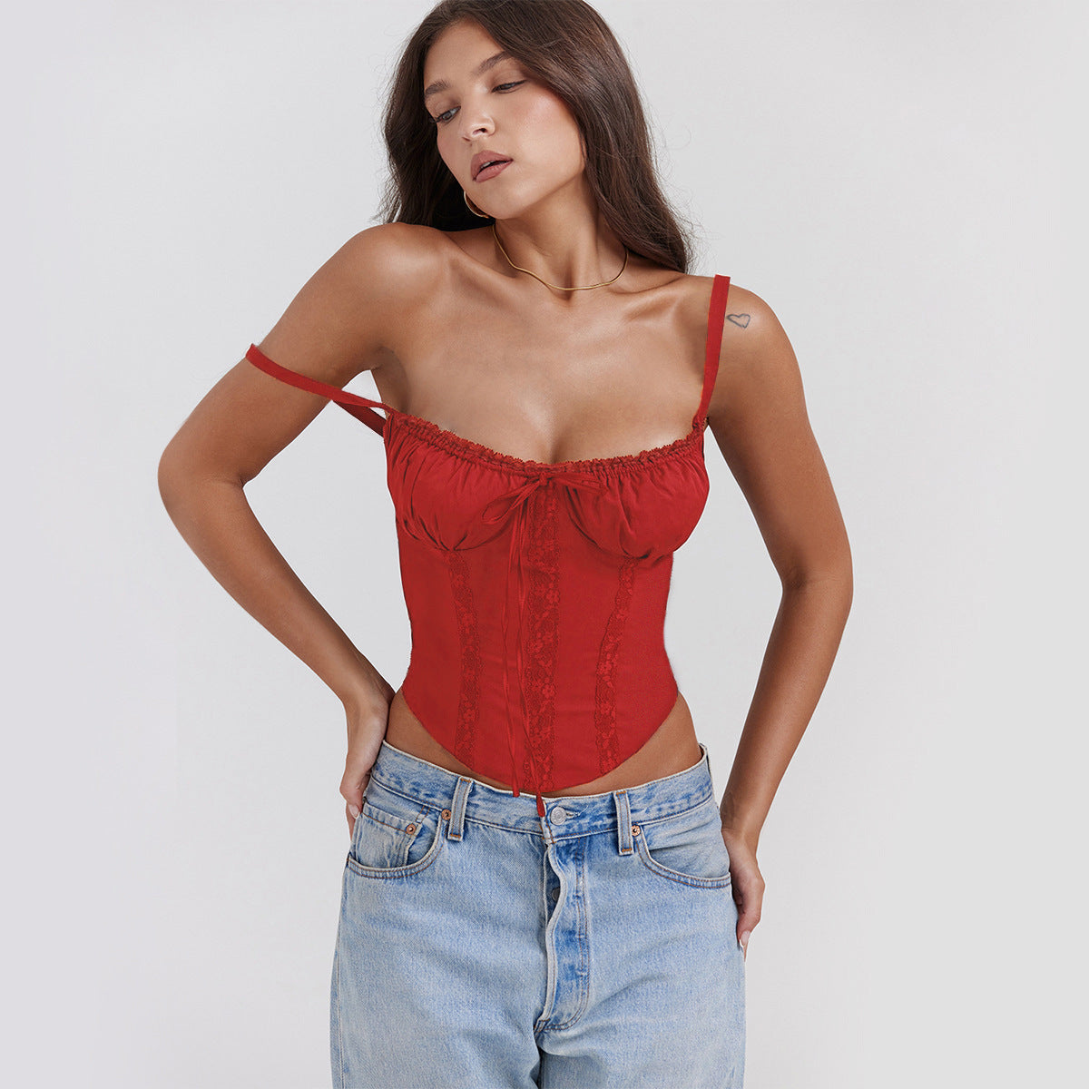 Red Lacework Solid Color Cropped Tanks