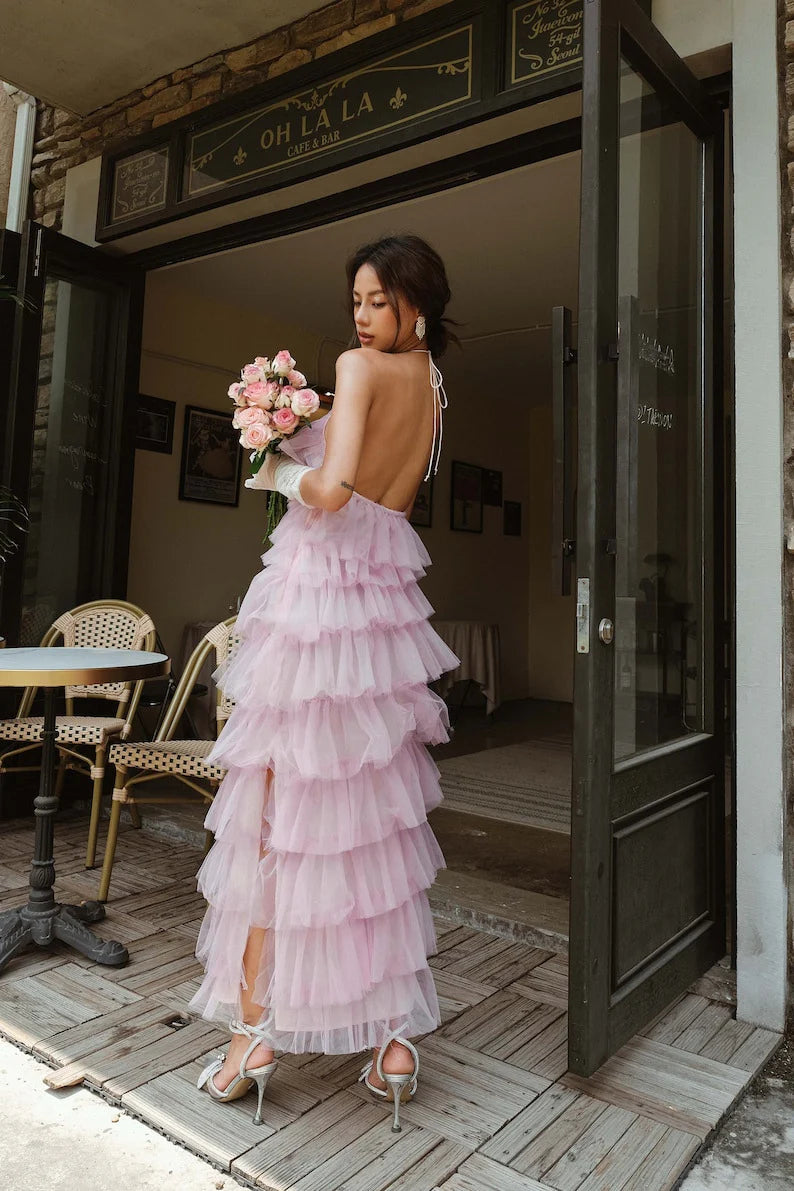 Formal Tulle Long Dress - Pink