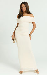 Ruched Off Shoulder Mesh Dress in Off White