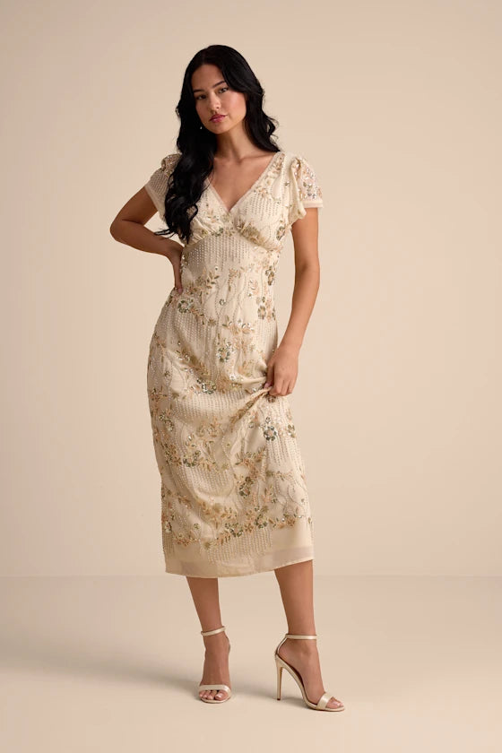 Angelila Beige Sequin Beaded Short Sleeve Midi Dress