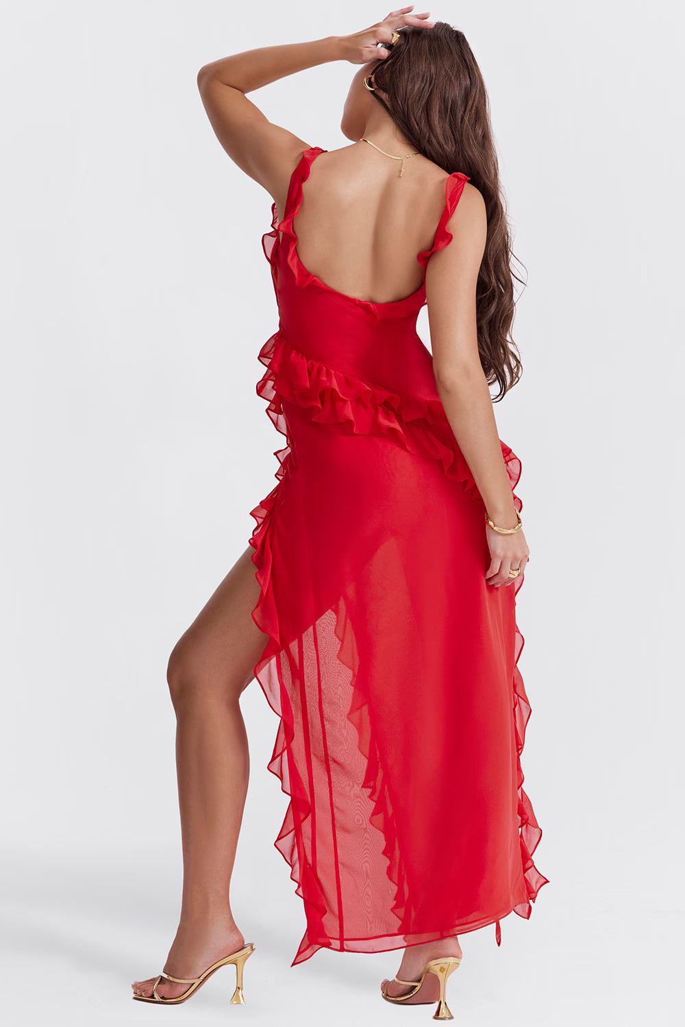 cherry ruffle maxi dress-red