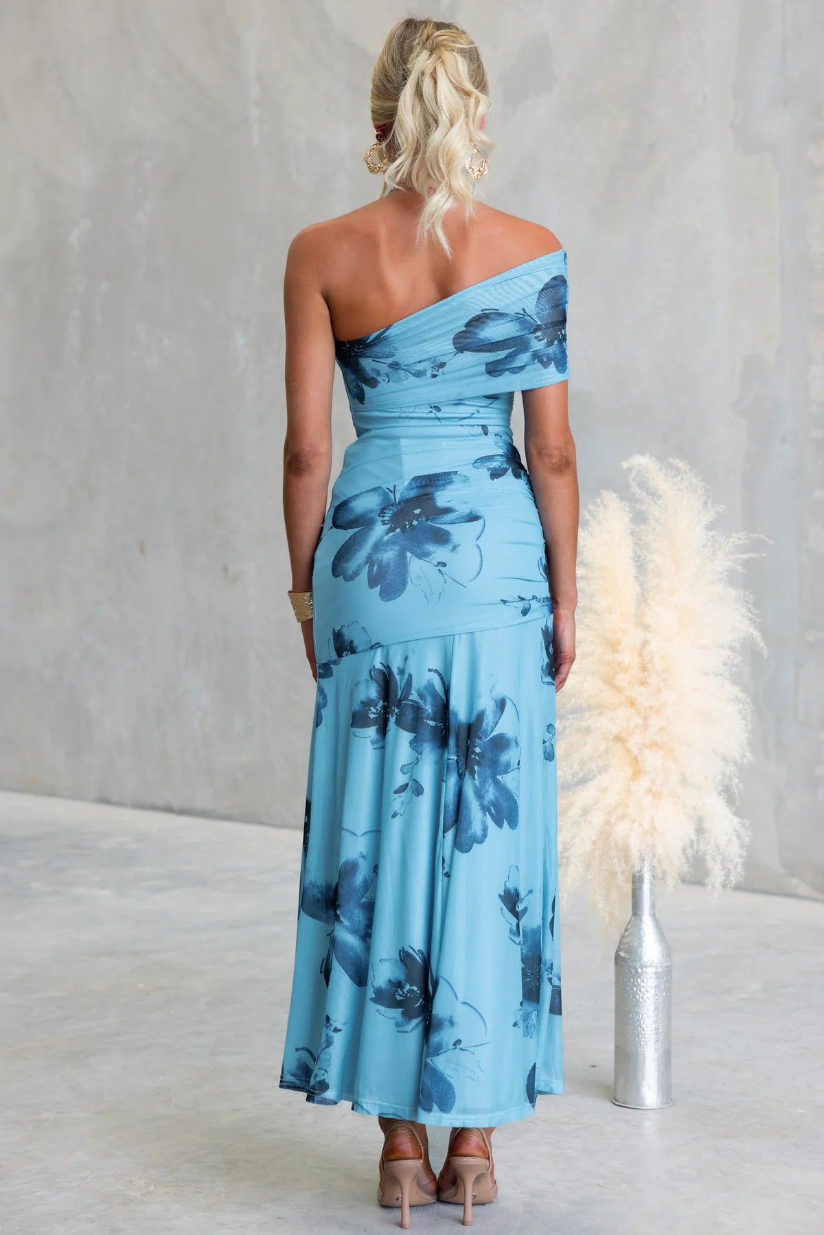 Floral Print One-Shoulder Ruched Maxi Dress