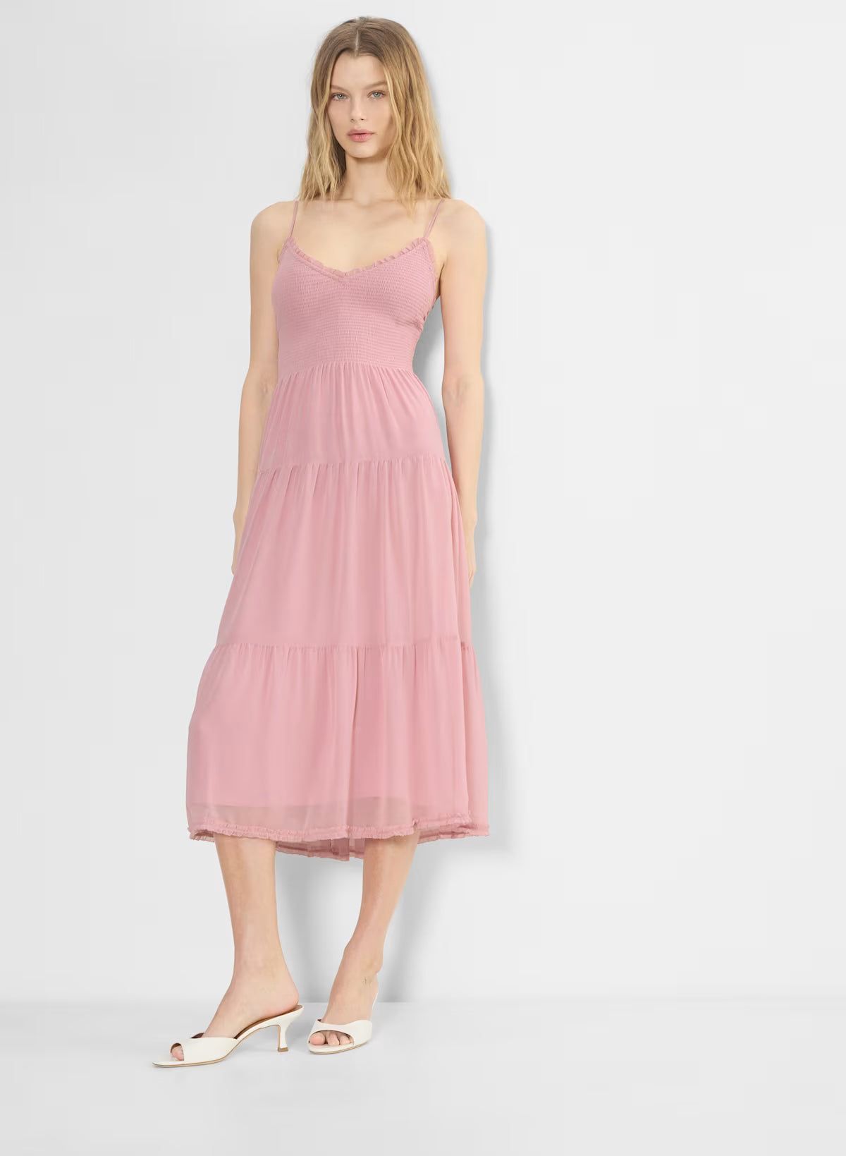 Chiffon tiered V-neck midi dress— tart pink