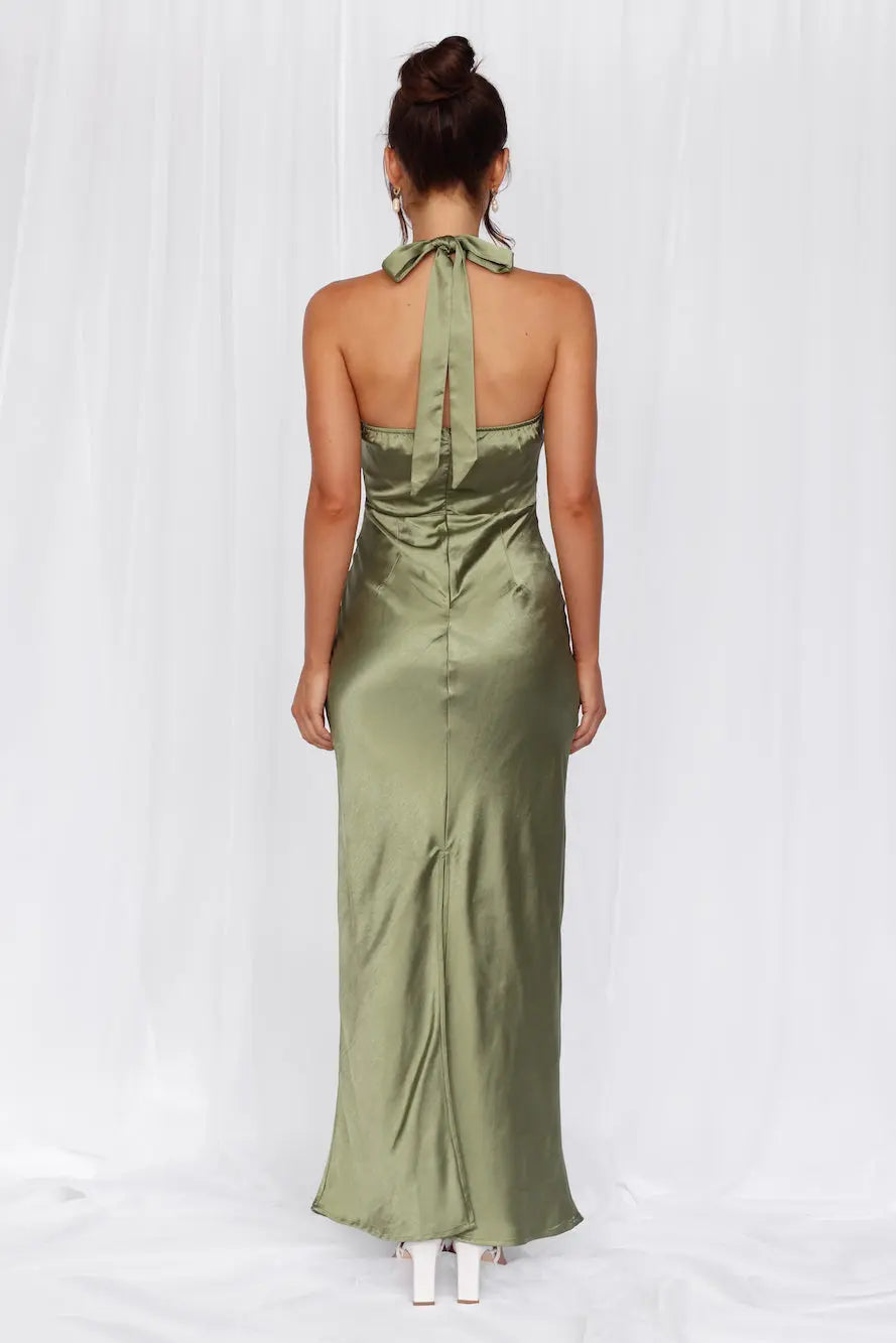 The Cleo Halter Satin Maxi Dress Olive
