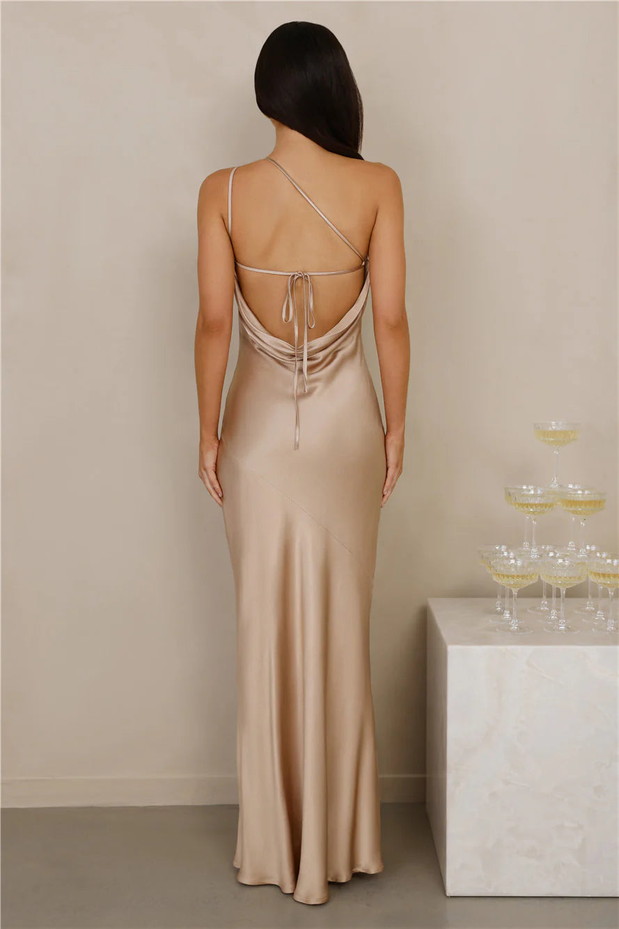 The Evangeline One Shoulder Satin Maxi Dress Champagne