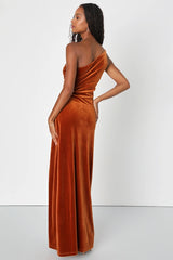 Elegant Era Rust Orange Velvet One-Shoulder Maxi Dress