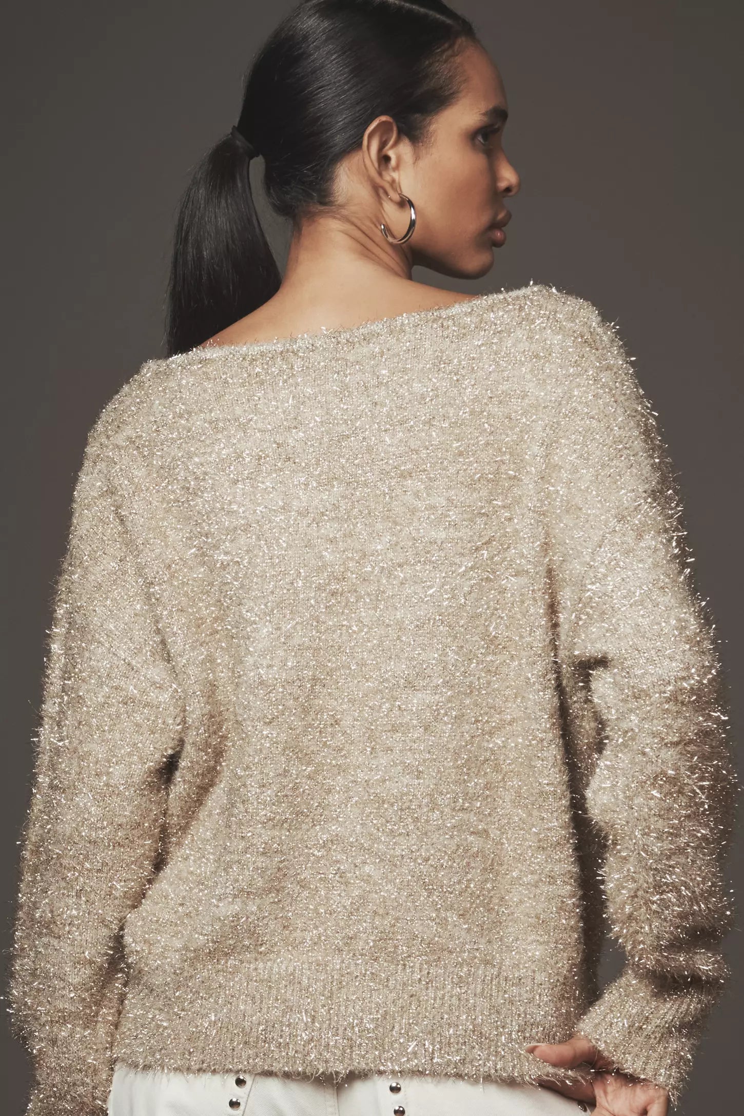 Long-Sleeve Boatneck Tinsel Sweater