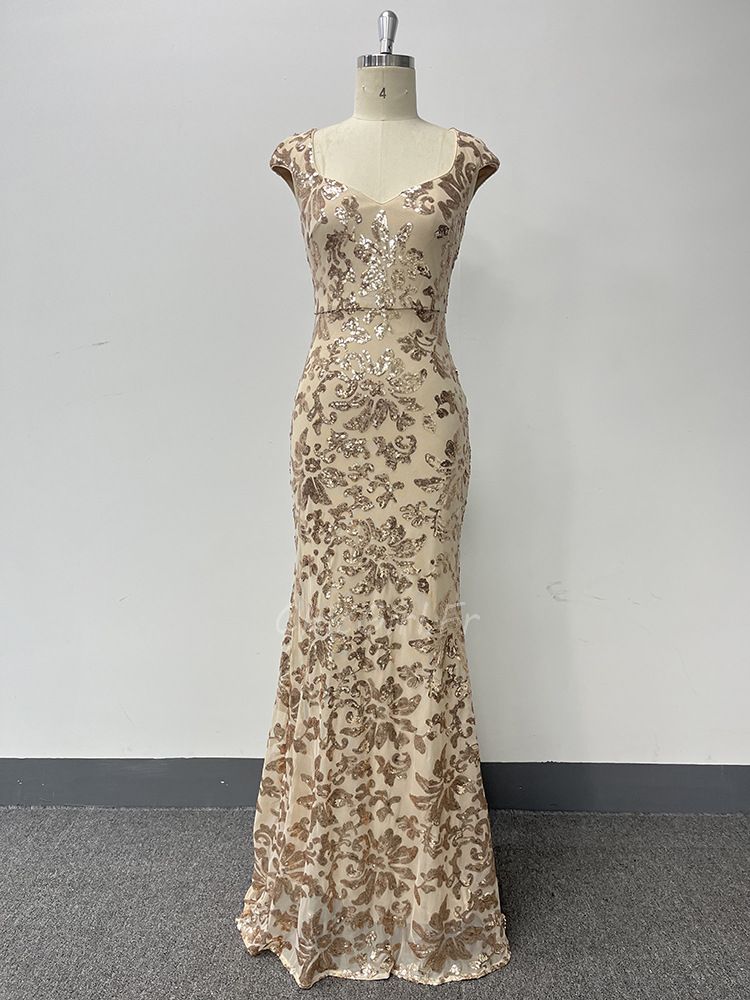 Glamour Robe de Soirée Moulante Longue Gold Dorée Brillante Epaule Couverte