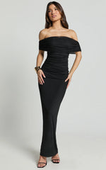 Ruched Off Shoulder Mesh Dress in Black