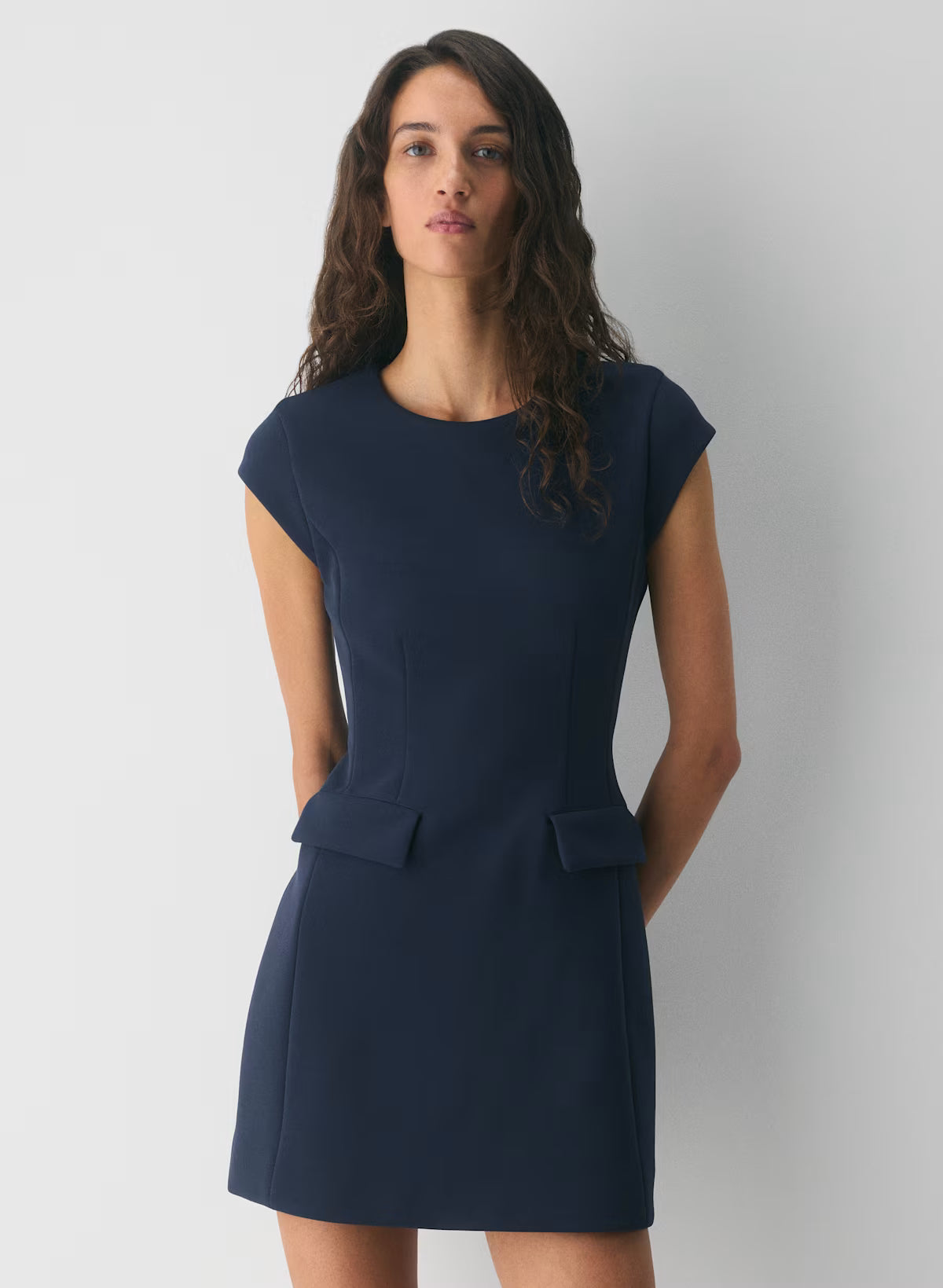 Crepe crewneck mini dress with cap sleeves- indigo ink