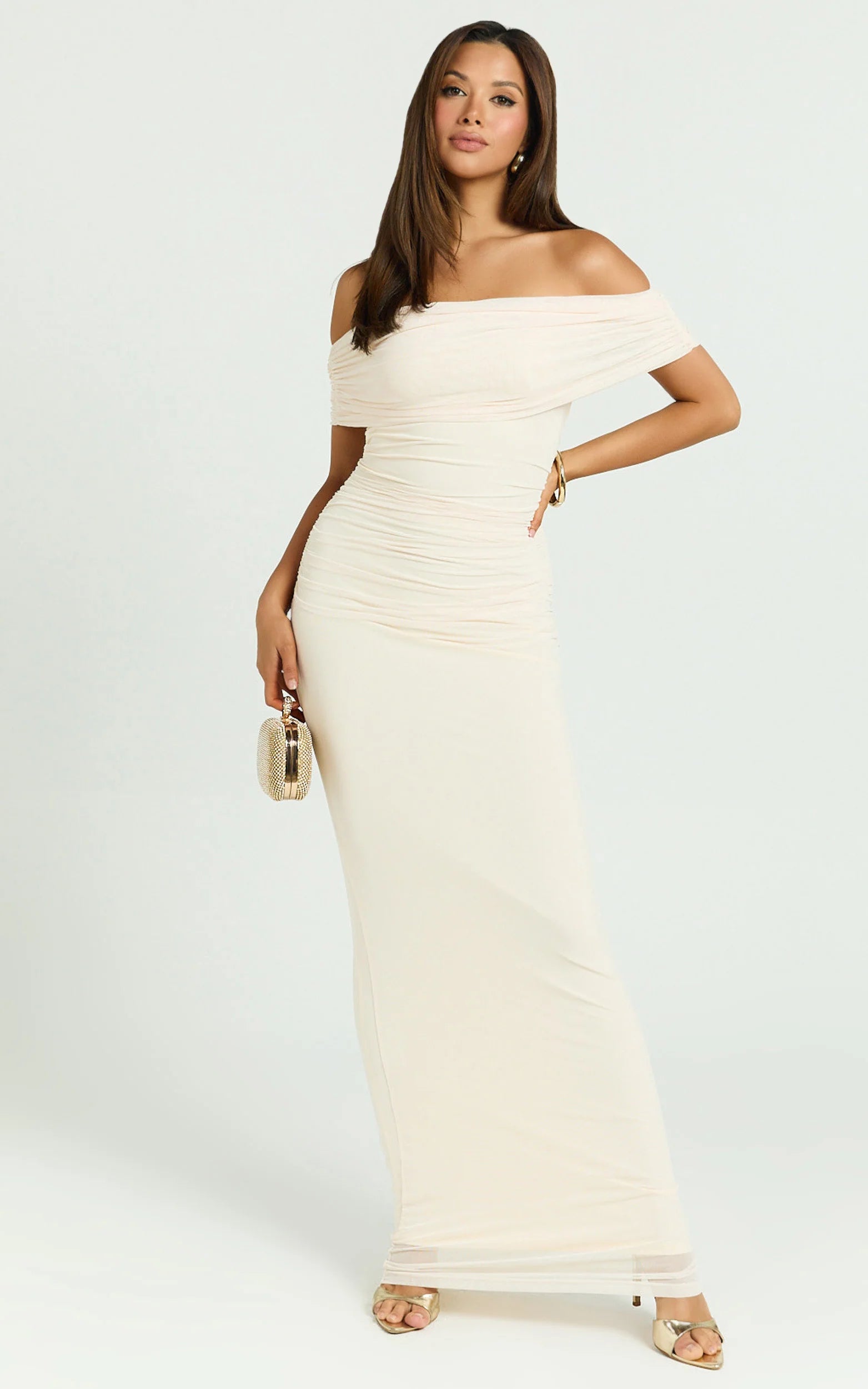 Ruched Off Shoulder Mesh Dress in Off White