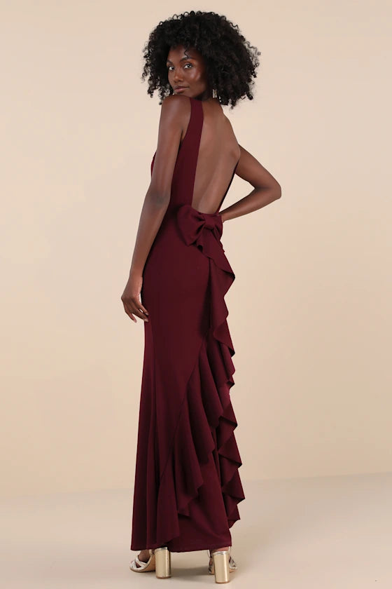 Exquisite Refinement Plum Purple Backless Bow Ruffled Maxi Dress