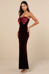 Dramatic Stunner Burgundy Velvet Bow Strapless Maxi Dress