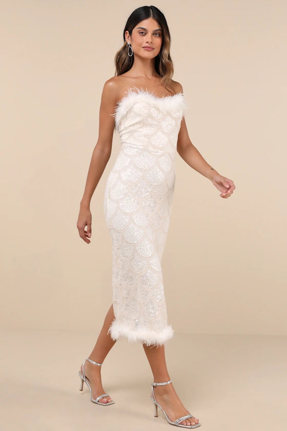 Uniquely Confident Cream Lace Feather Strapless Midi Dress