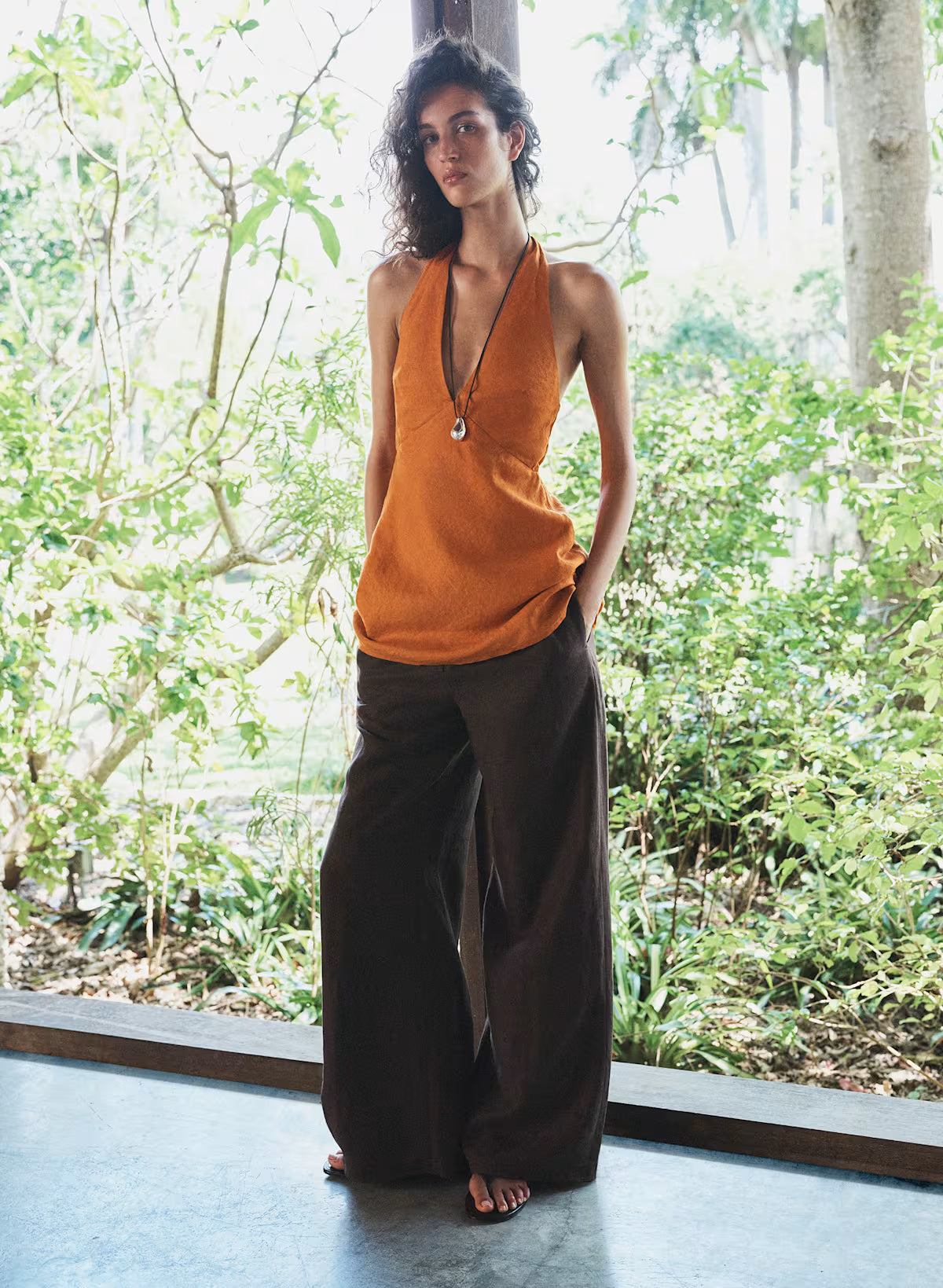Nightscape Linen Halter Micro Dress-mesa orange