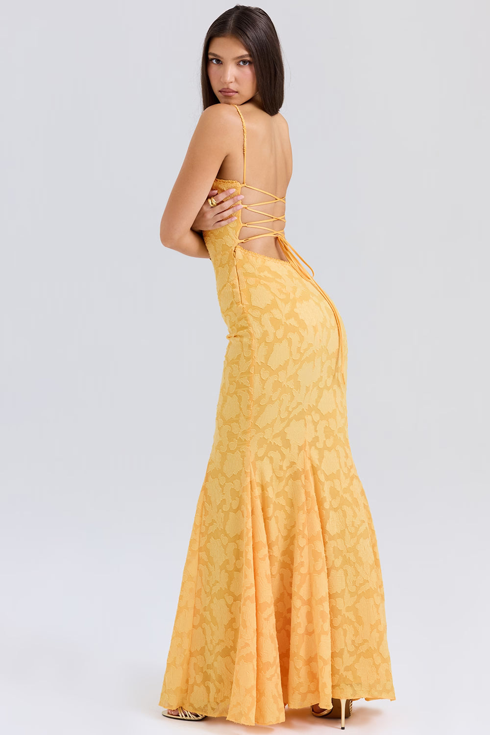 apricot lace up back maxi dress