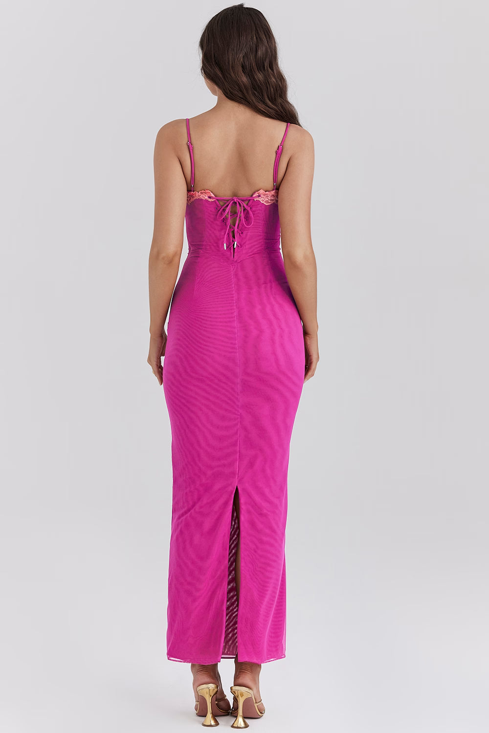 raspberry lace trimmed maxi dress