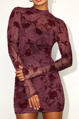Seranda Burgundy Floral Mesh Mock Neck Mini Dress