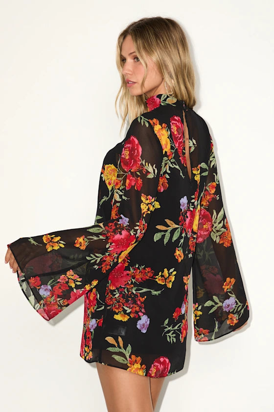 Perfected Charm Black Multi Floral Bell Sleeve Mini Shift Dress