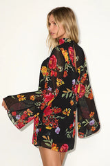 Perfected Charm Black Multi Floral Bell Sleeve Mini Shift Dress